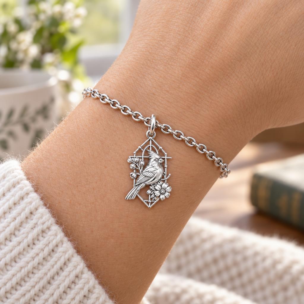 Cardinal in Window Charm Bracelet Set – worn / in use