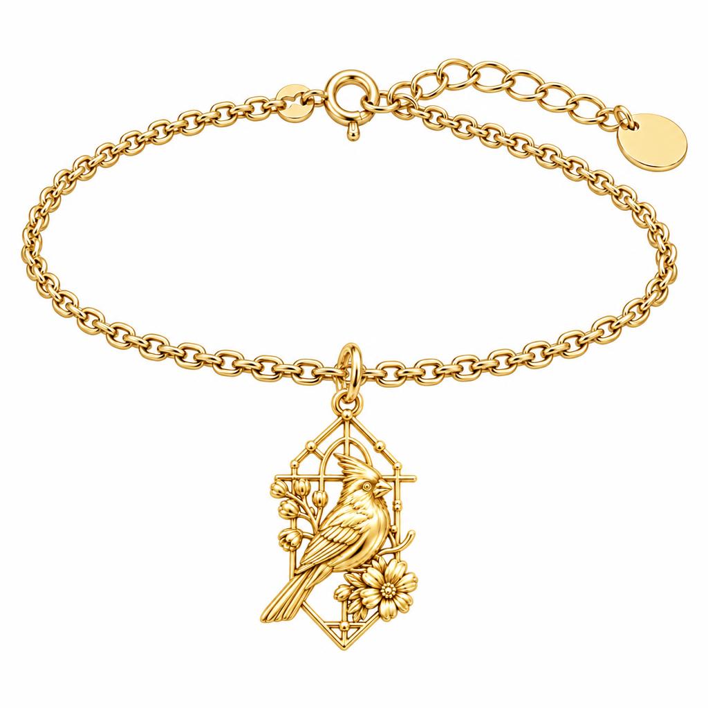 Cardinal in Window Charm Bracelet Set – 18K gold, front view