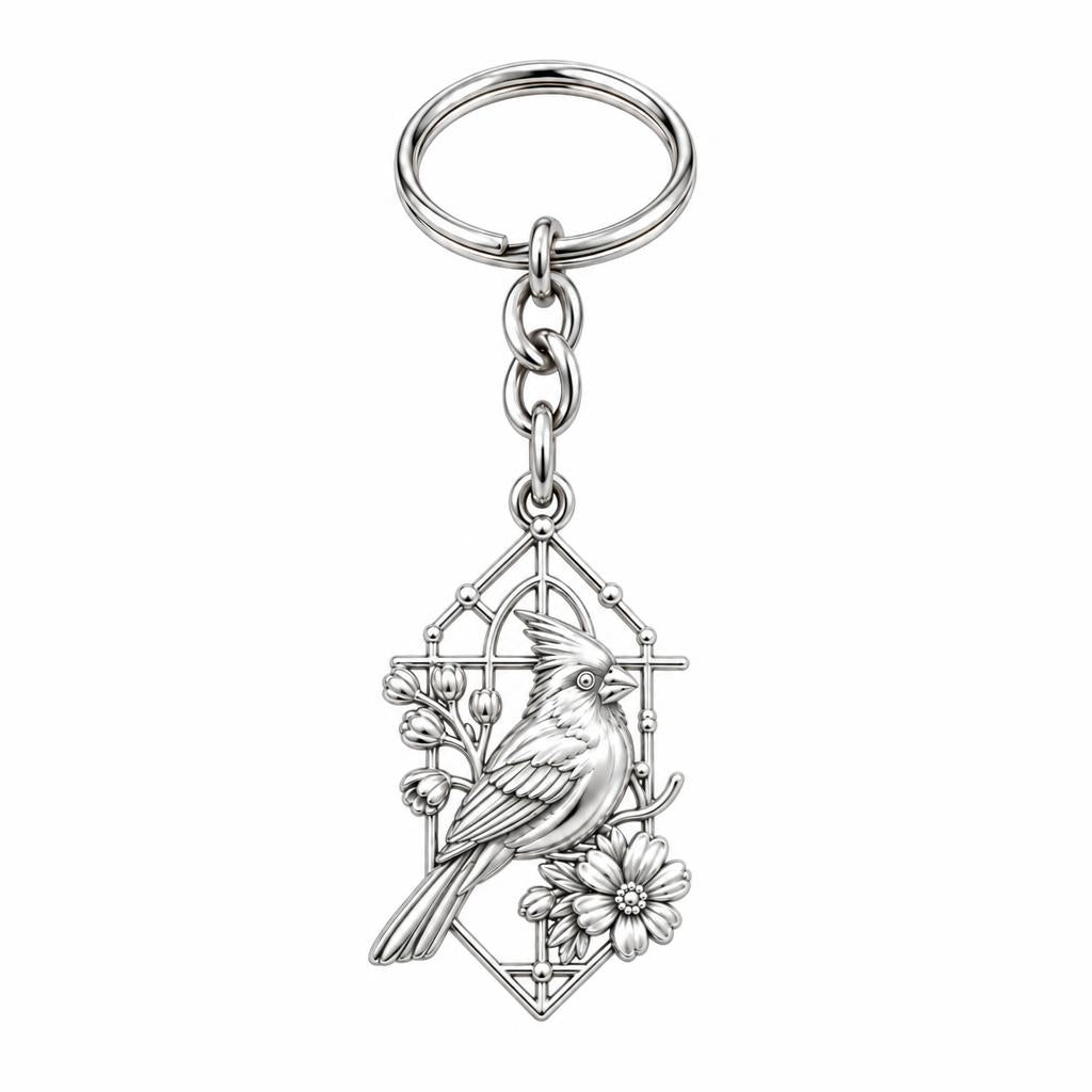 Cardinal in Window Charm Keychain – silver, front view