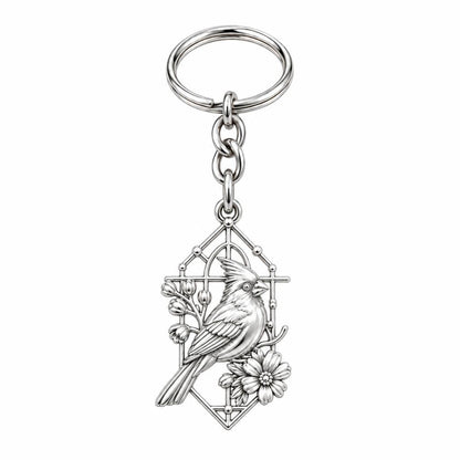 Cardinal in Window Charm Keychain – silver, front view