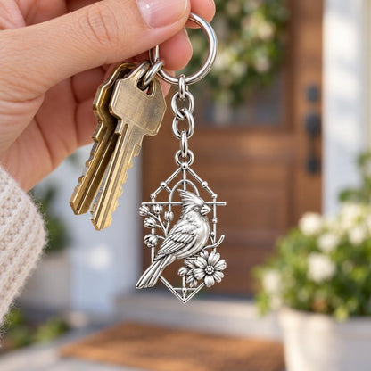 Cardinal in Window Charm Keychain – worn / in use