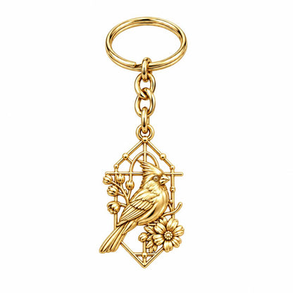 Cardinal in Window Charm Keychain – 18K gold, front view