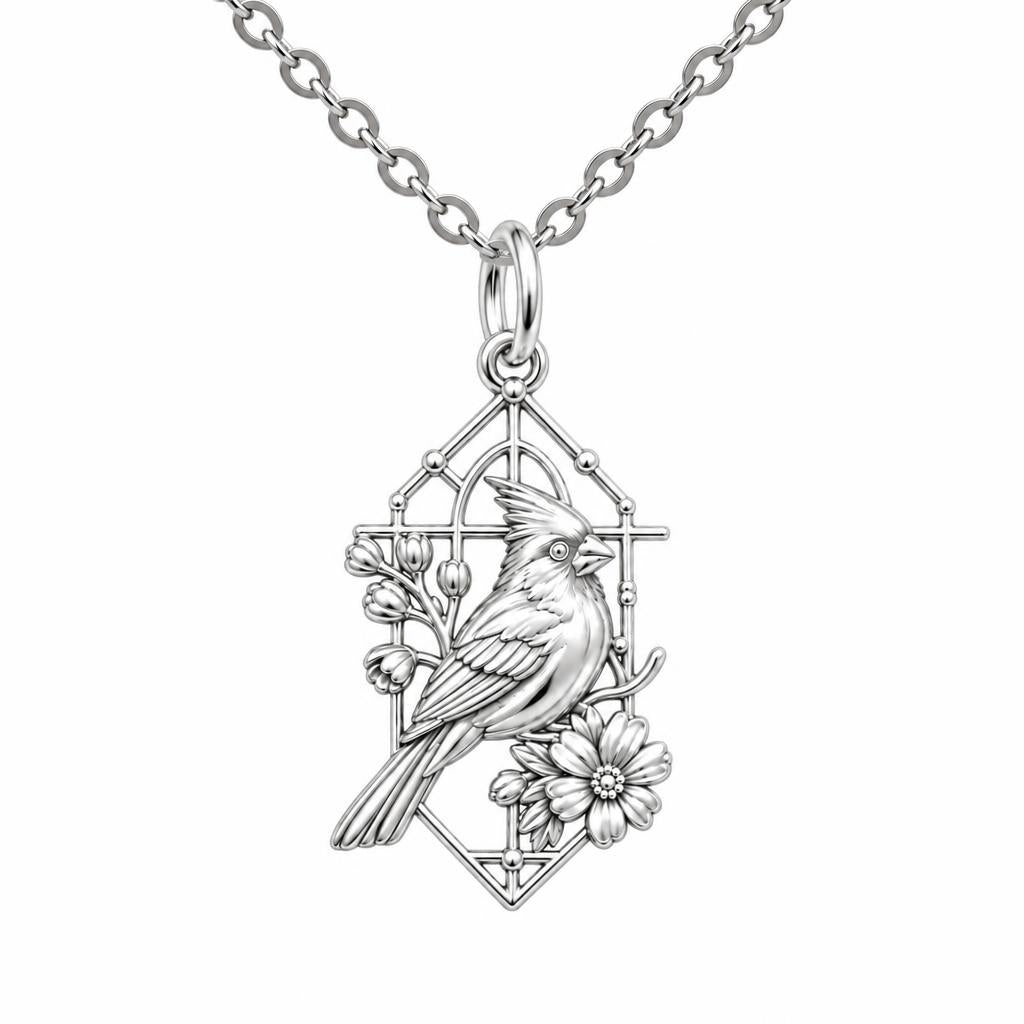 Cardinal in Window Charm Necklace Set – silver, front view