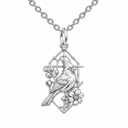 Cardinal in Window Charm Necklace Set – silver, front view