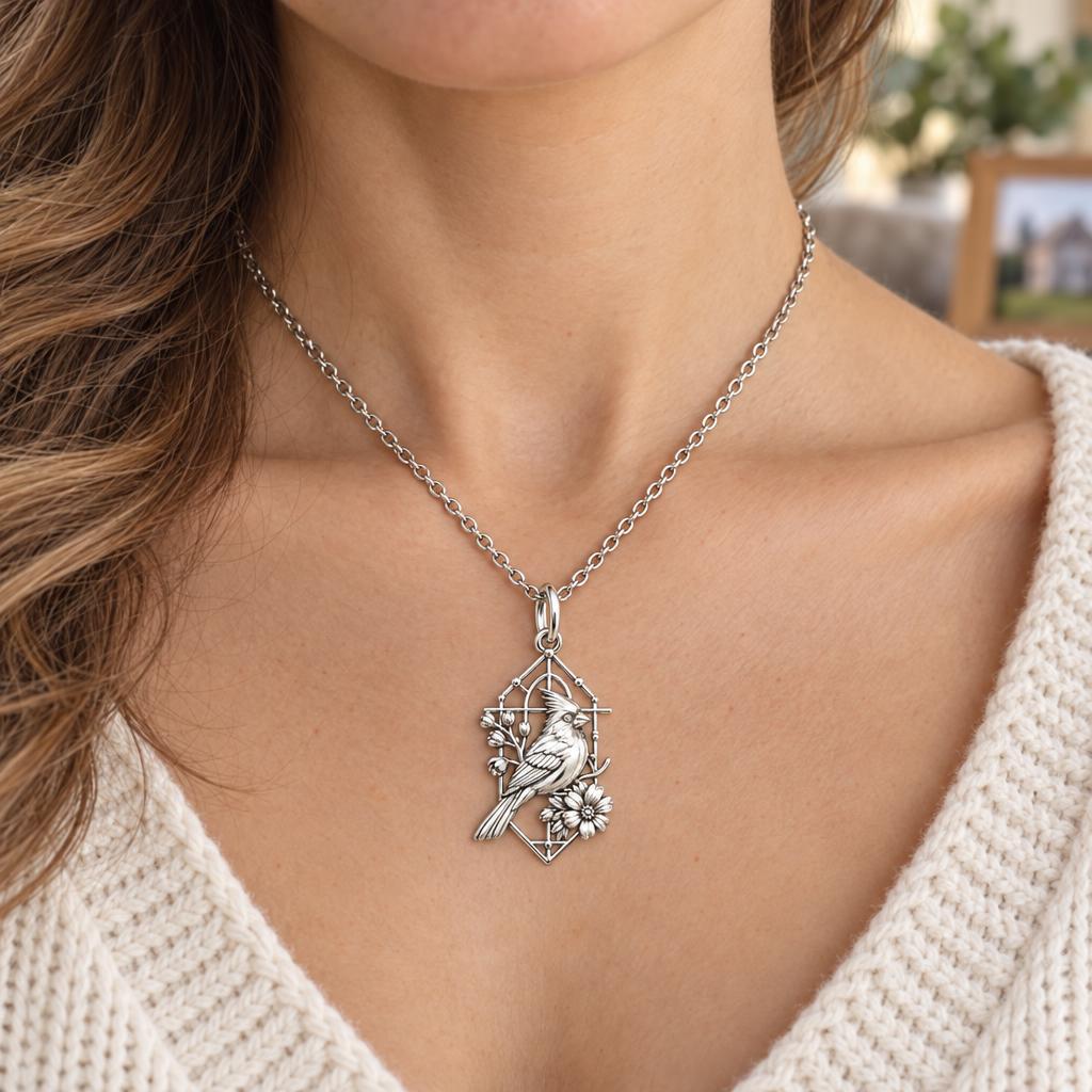 Cardinal in Window Charm Necklace Set – worn / in use