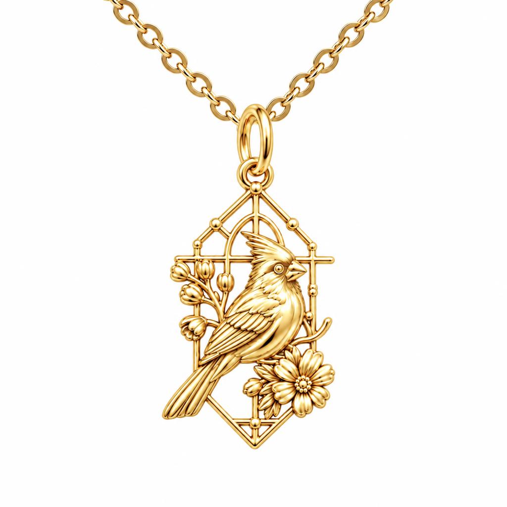 Cardinal in Window Charm Necklace Set – 18K gold, front view