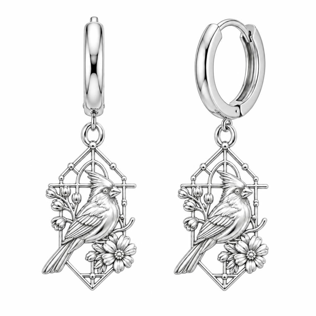 Cardinal in Window Huggie Charm Earrings – silver, front view