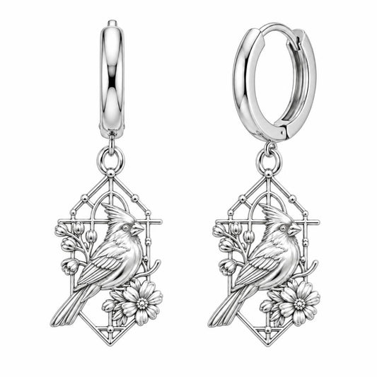 Cardinal in Window Huggie Charm Earrings – silver, front view