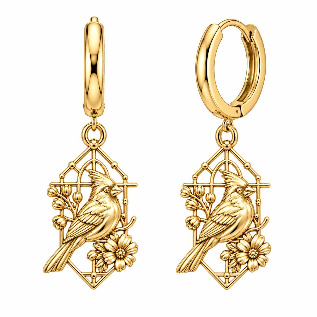 Cardinal in Window Huggie Charm Earrings – 18K gold, front view