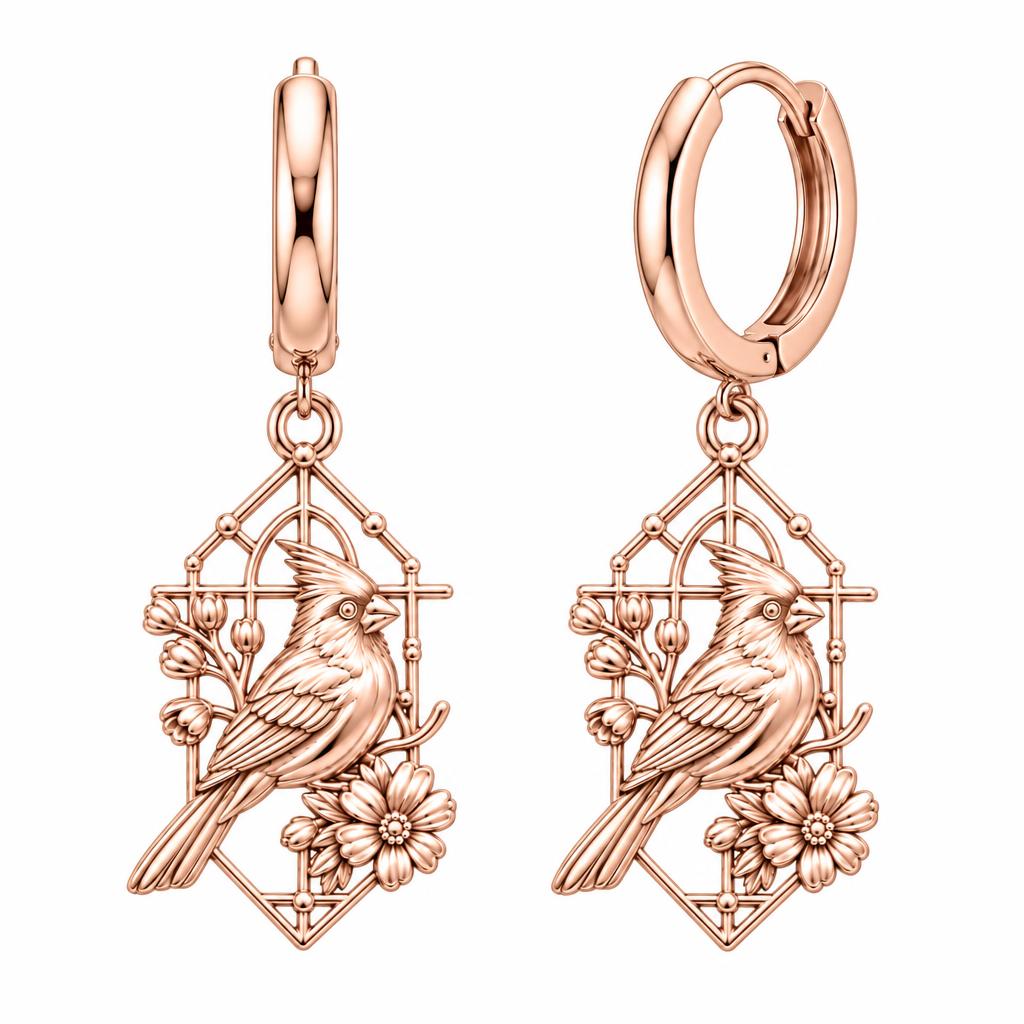 Cardinal in Window Huggie Charm Earrings – rose gold, front view