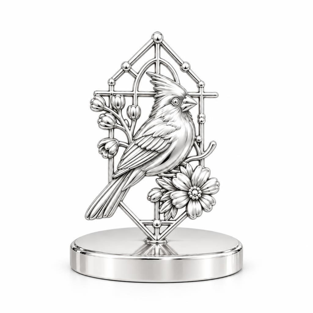 Cardinal in Window Keepsake Plaque – silver, front view