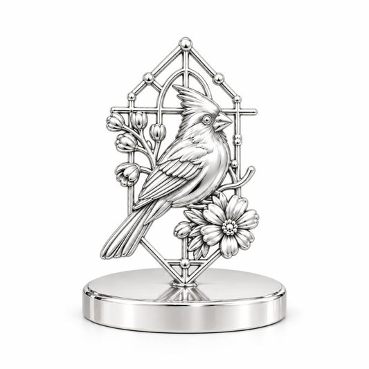 Cardinal in Window Keepsake Plaque – silver, front view