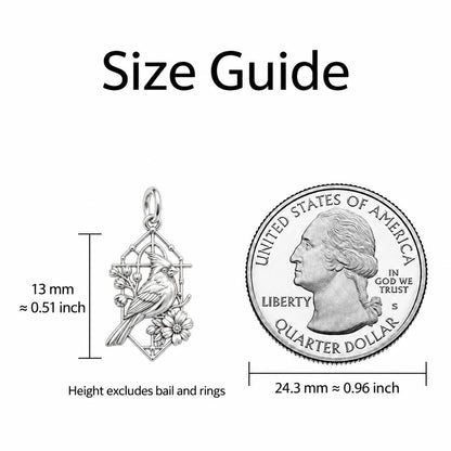 Cardinal in Window Keepsake Plaque – size guide, 13 mm charm next to a quarter