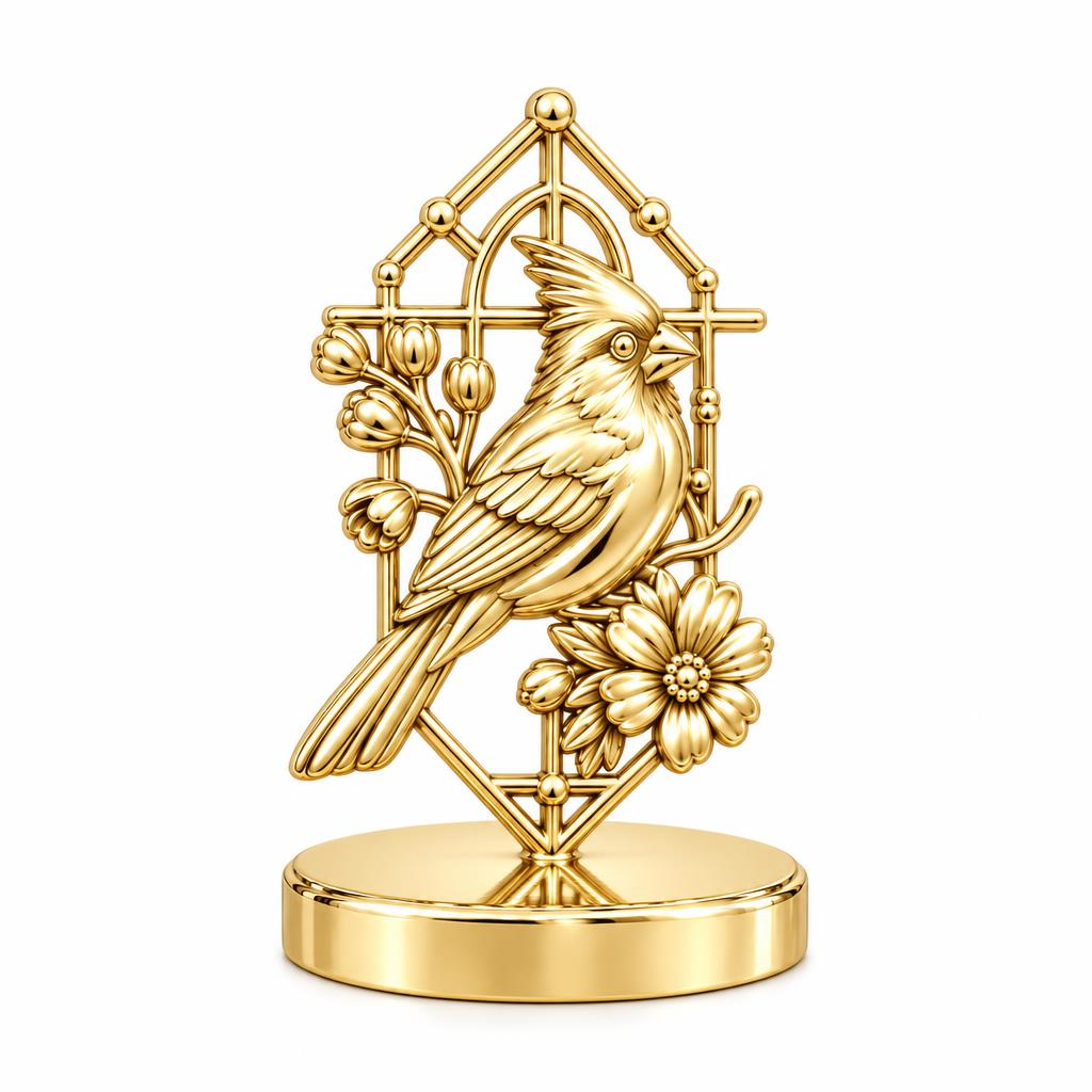 Cardinal in Window Keepsake Plaque – 18K gold, front view