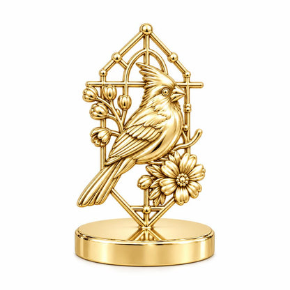 Cardinal in Window Keepsake Plaque – 18K gold, front view