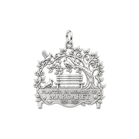 Cardinal Memory Bench Charm Bracelet – Personalized Memorial Gift – silver plated 3 cm charm, front view