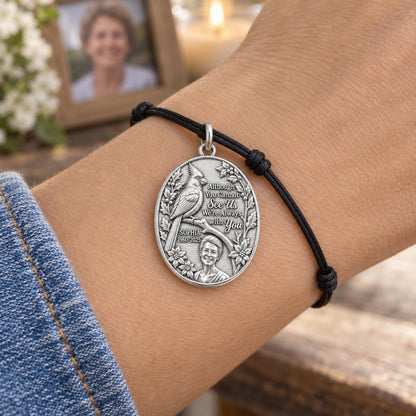 Cardinal Messenger Charm Bracelet – Personalized Memorial Gift – worn on the wrist on a black cord bracelet