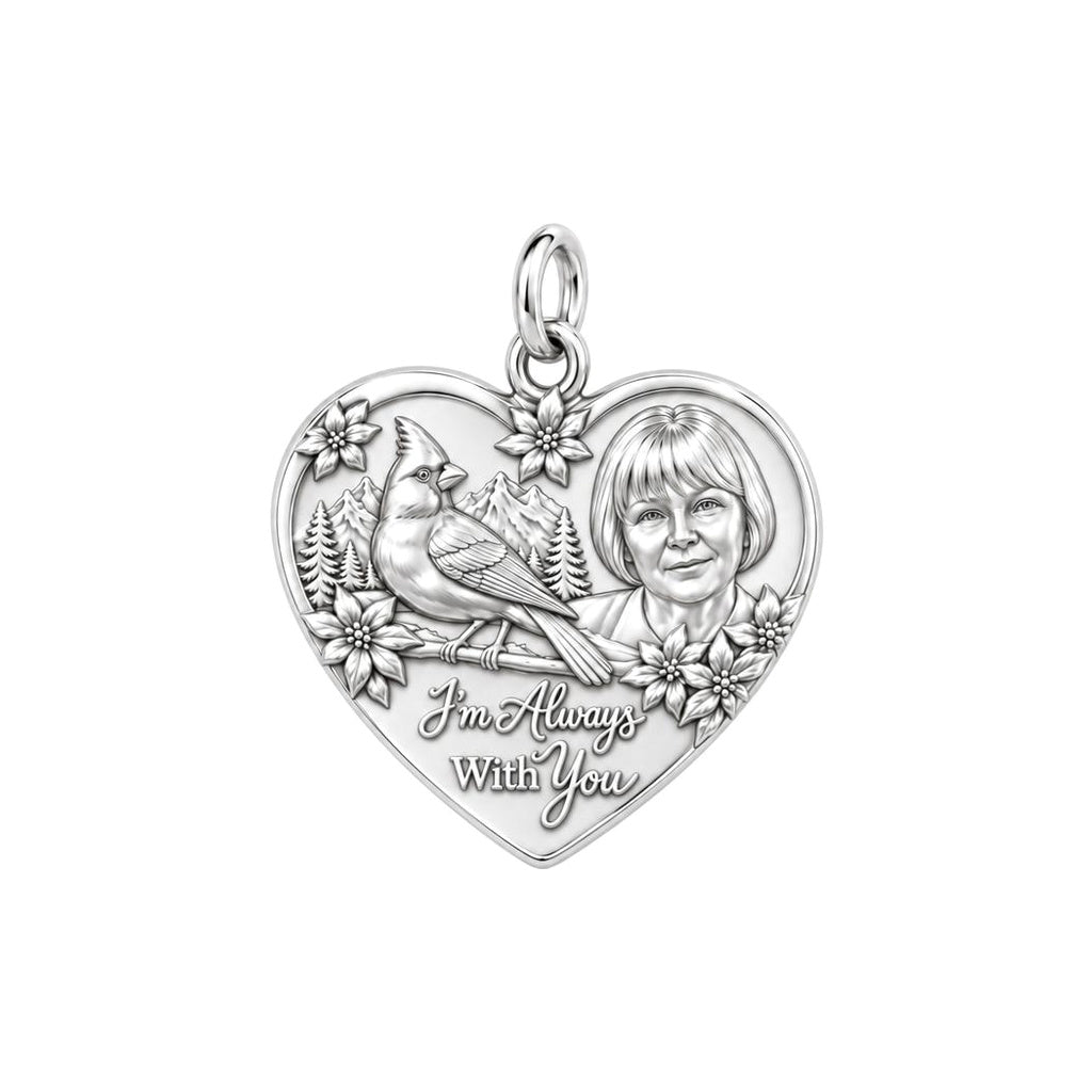 Cardinal Messenger Heart Charm Bracelet – Personalized Memorial Gift – silver plated 2 cm charm, front view
