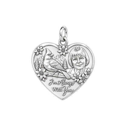 Cardinal Messenger Heart Charm Bracelet – Personalized Memorial Gift – silver plated 2 cm charm, front view
