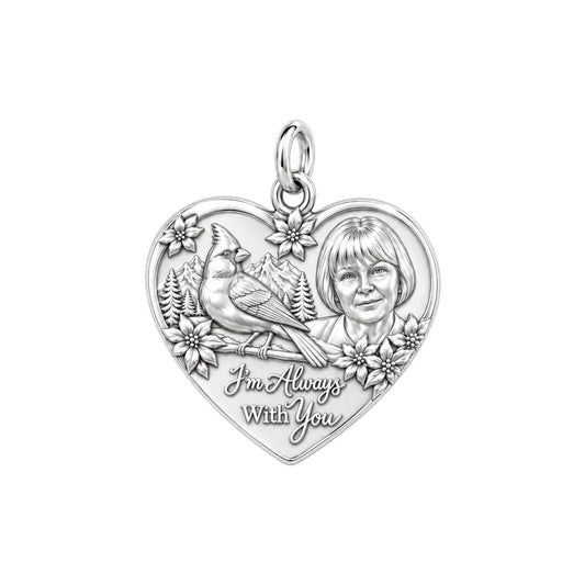 Cardinal Messenger Heart Charm Bracelet – Personalized Memorial Gift – silver plated 2 cm charm, front view