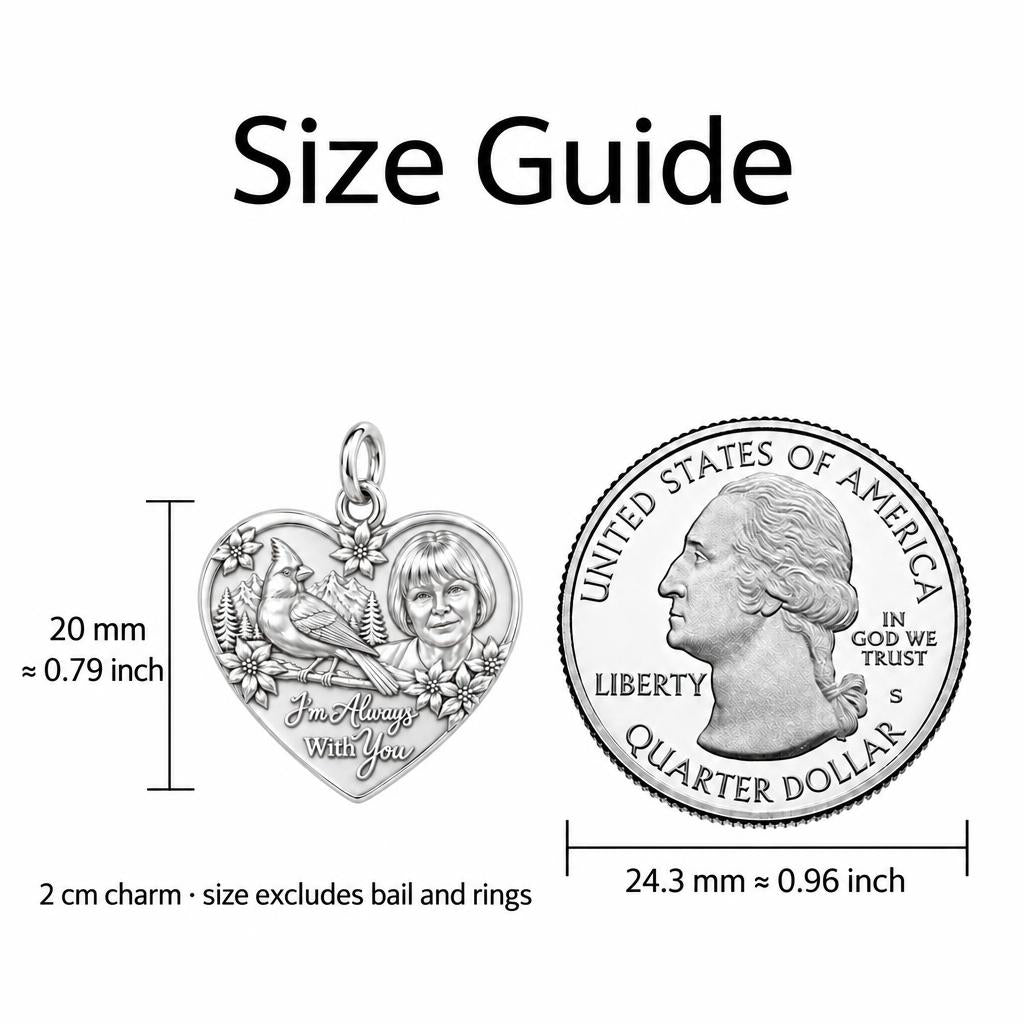Cardinal Messenger Heart Charm Bracelet – Personalized Memorial Gift – size guide, 2 cm charm next to a quarter