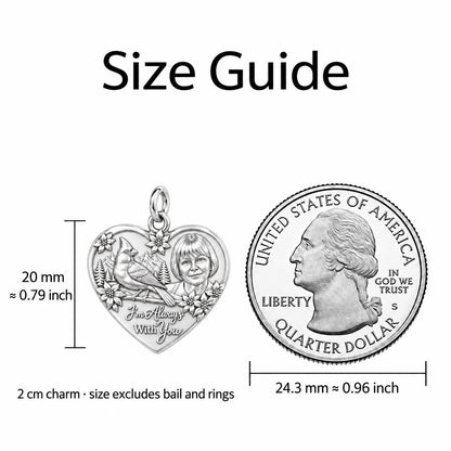 Cardinal Messenger Heart Charm Bracelet – Personalized Memorial Gift – size guide, 2 cm charm next to a quarter