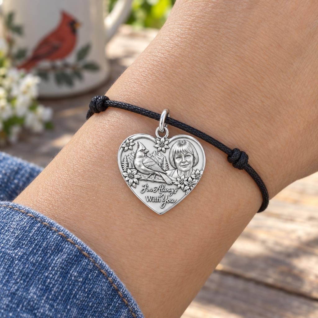 Cardinal Messenger Heart Charm Bracelet – Personalized Memorial Gift – worn on the wrist on a black cord bracelet