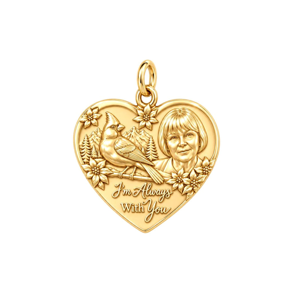 Cardinal Messenger Heart Charm Bracelet – Personalized Memorial Gift – 18K gold plated 2 cm charm, front view