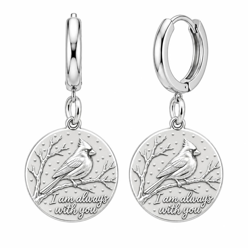 Cardinal Messenger Huggie Charm Earrings – silver, front view