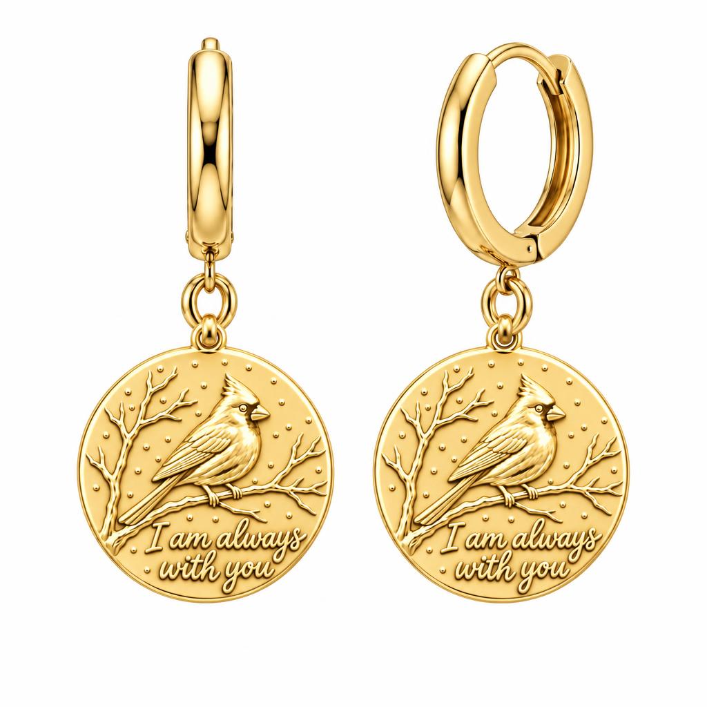 Cardinal Messenger Huggie Charm Earrings – 18K gold, front view