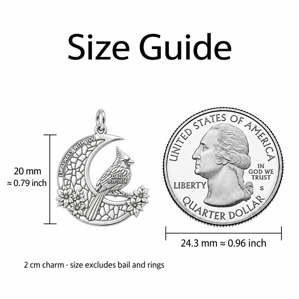 Cardinal on Stained Glass Moon Charm Bracelet Set – size guide, 13 mm charm next to a quarter
