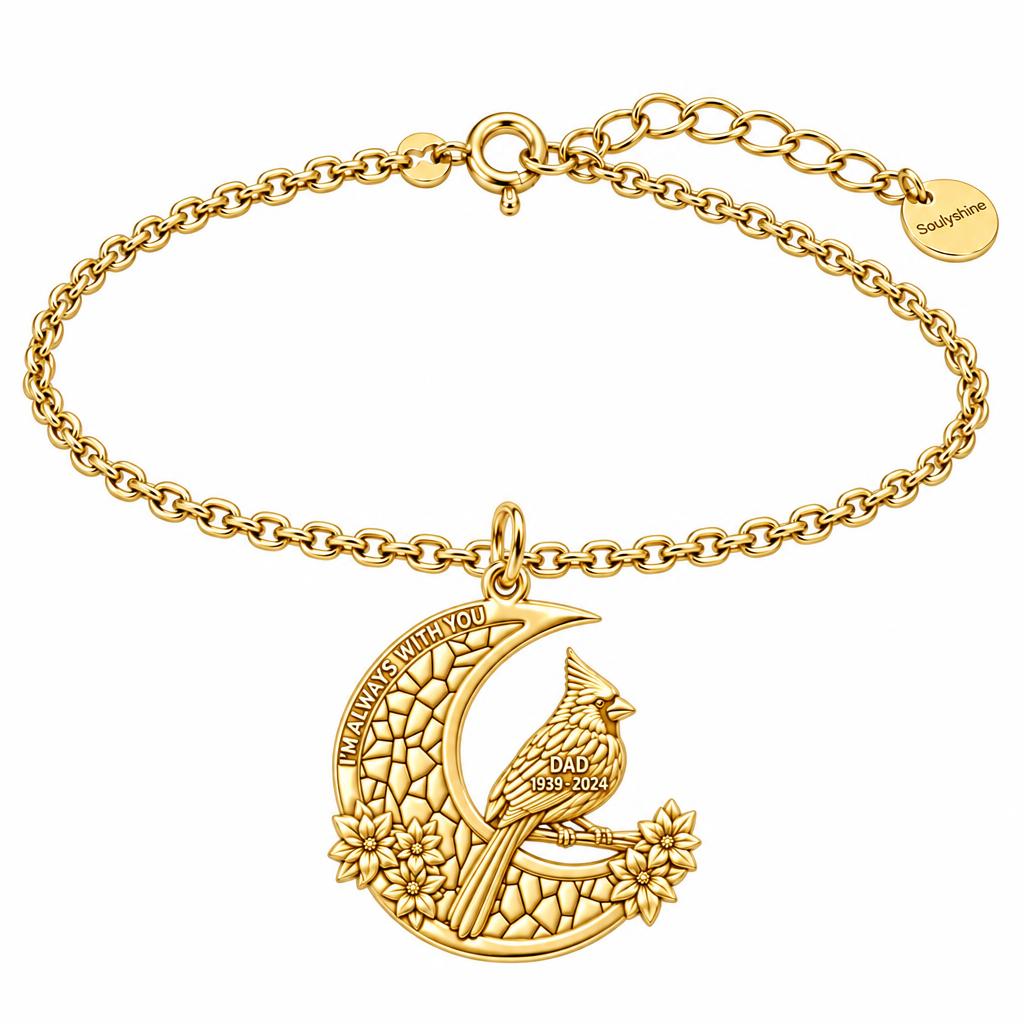 Cardinal on Stained Glass Moon Charm Bracelet Set – 18K gold, front view