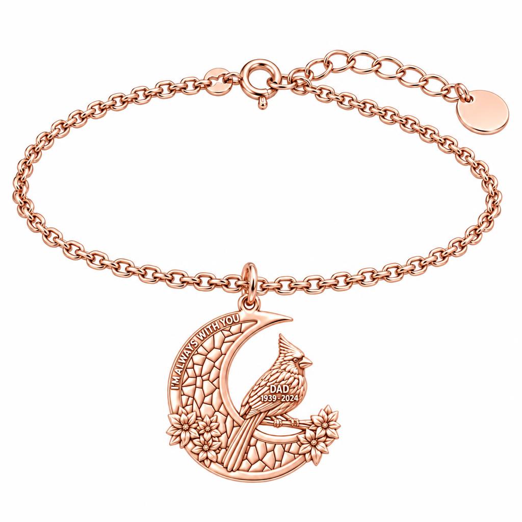Cardinal on Stained Glass Moon Charm Bracelet Set – rose gold, front view