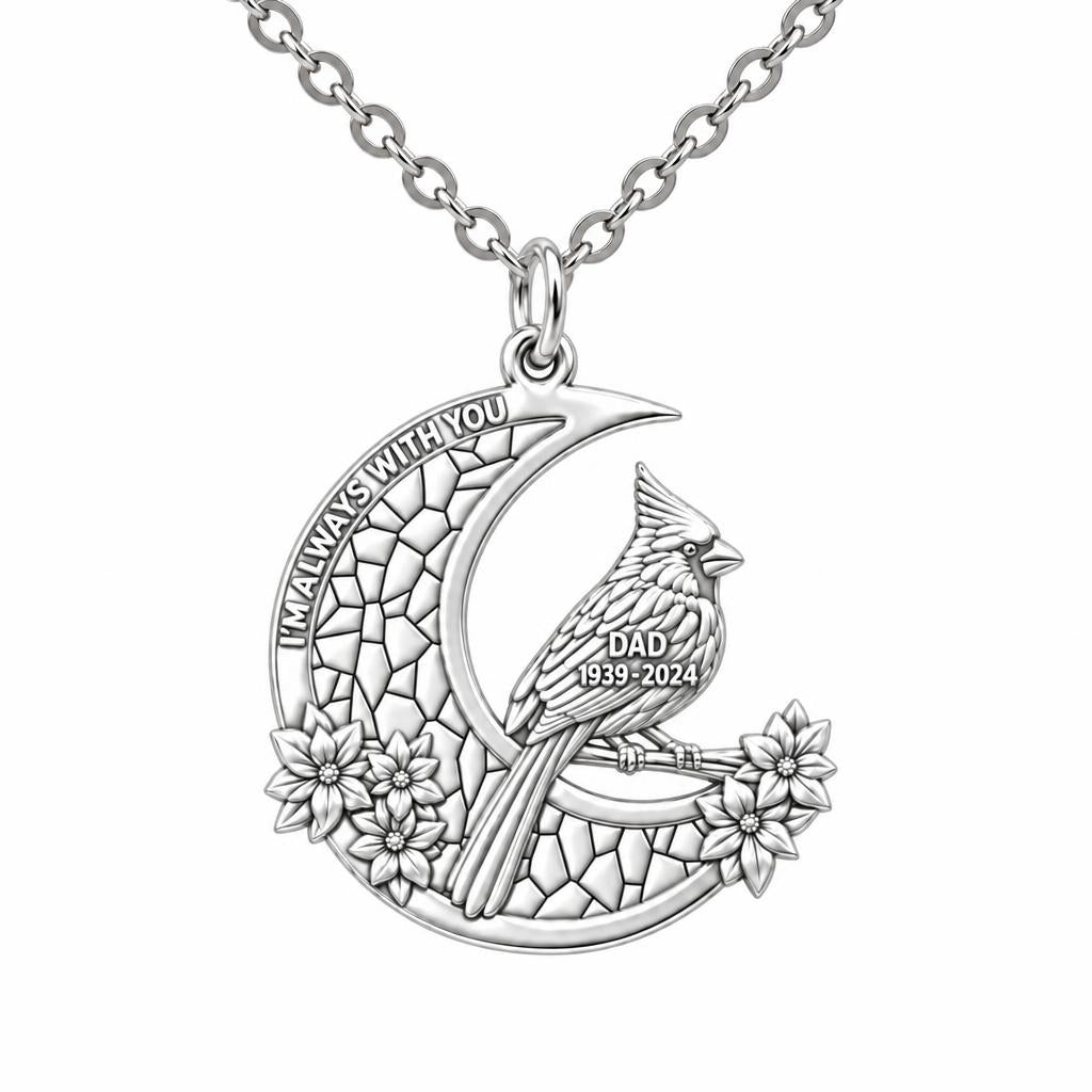 Cardinal on Stained Glass Moon Charm Necklace Set – silver, front view