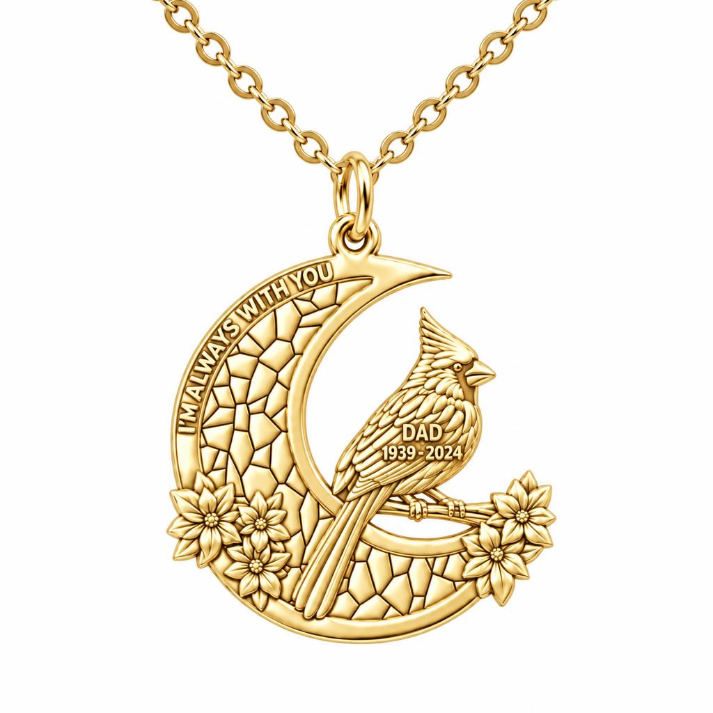 Cardinal on Stained Glass Moon Charm Necklace Set – 18K gold, front view