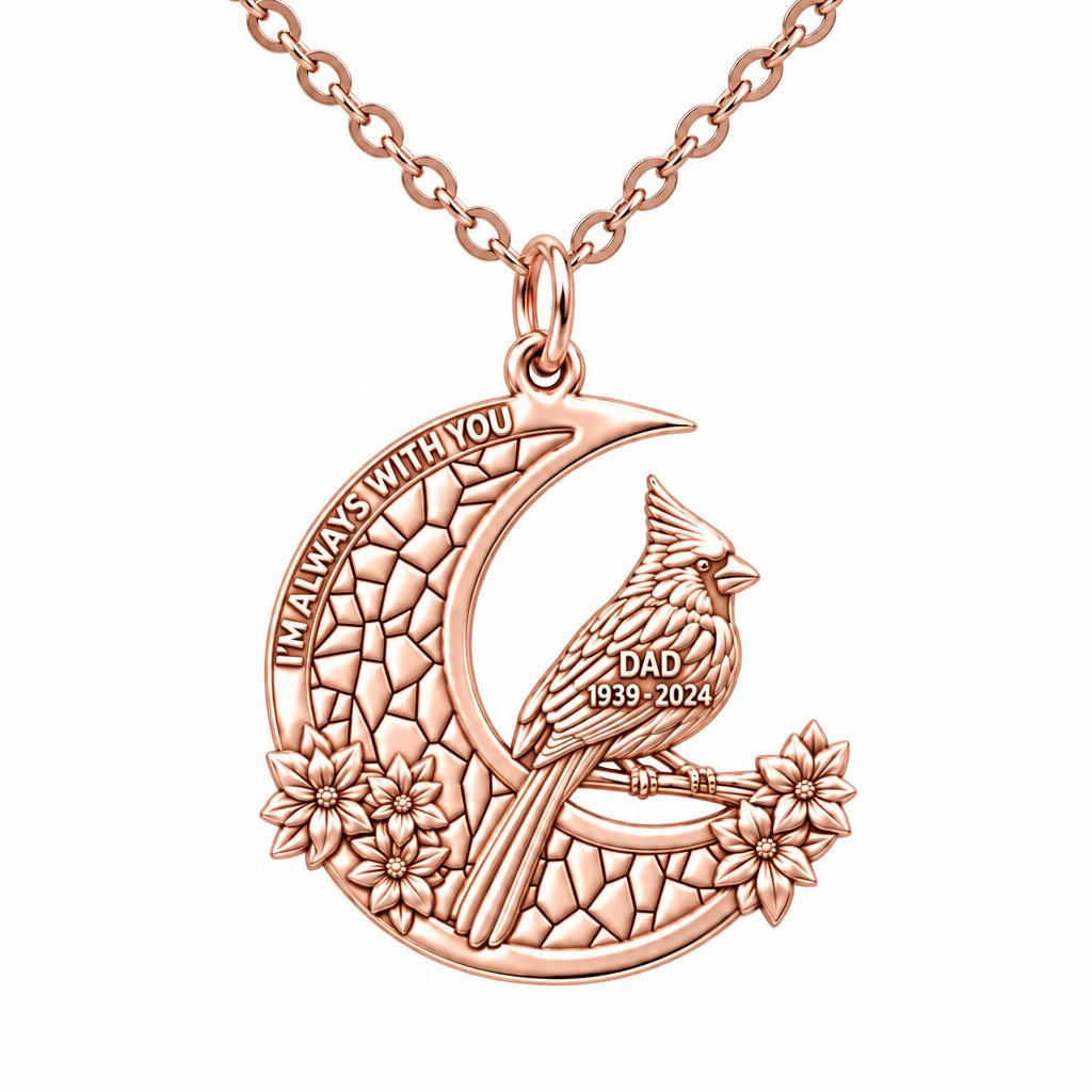 Cardinal on Stained Glass Moon Charm Necklace Set – rose gold, front view