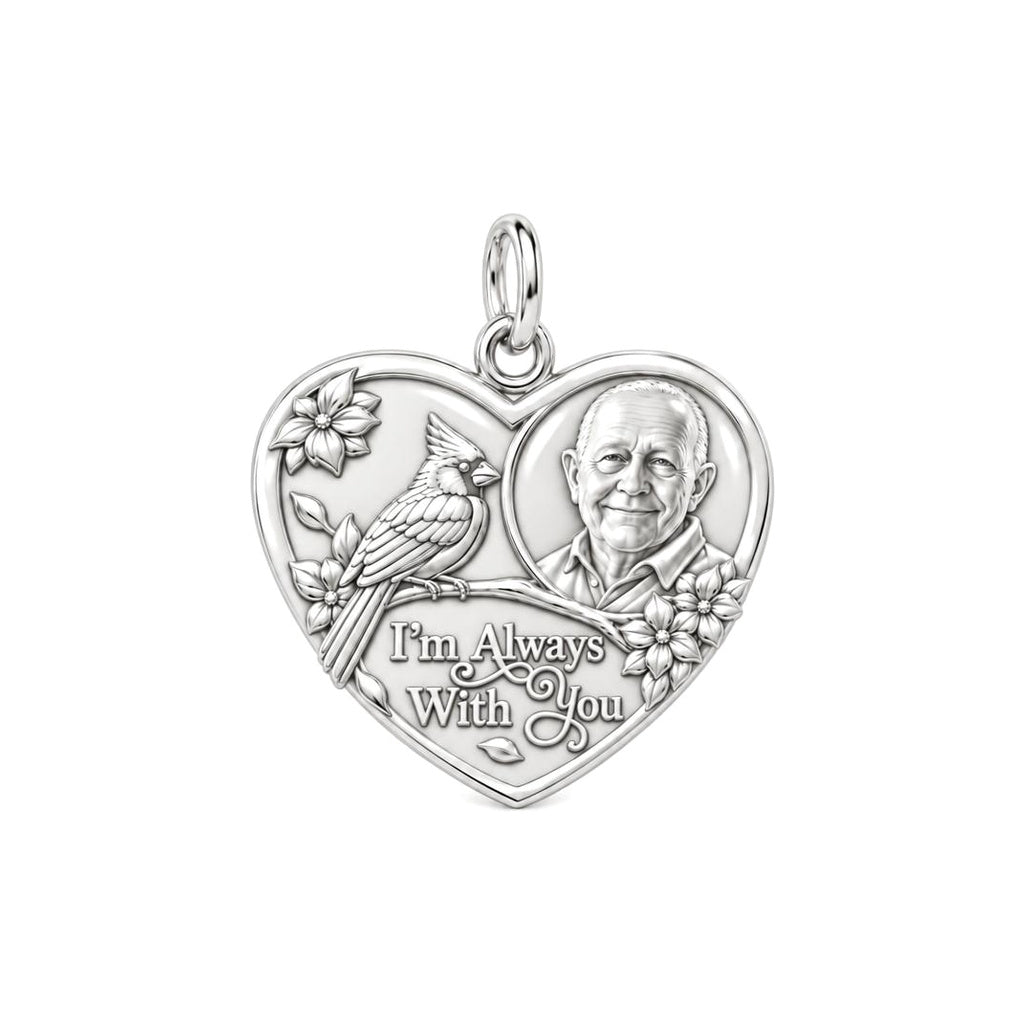 Cardinal Portrait Heart Charm Bracelet – Personalized Memorial Gift – silver plated 2 cm charm, front view