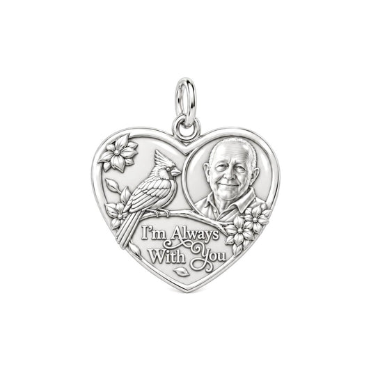 Cardinal Portrait Heart Charm Bracelet – Personalized Memorial Gift – silver plated 2 cm charm, front view