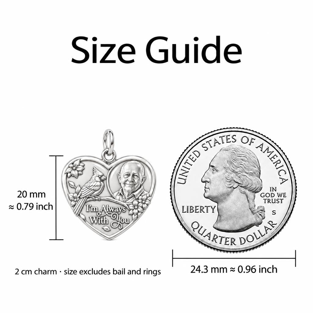 Cardinal Portrait Heart Charm Bracelet – Personalized Memorial Gift – size guide, 2 cm charm next to a quarter