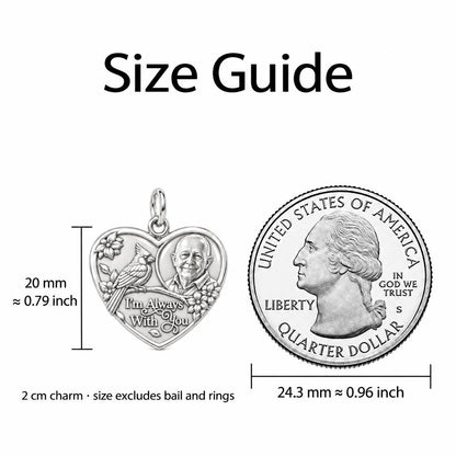 Cardinal Portrait Heart Charm Bracelet – Personalized Memorial Gift – size guide, 2 cm charm next to a quarter