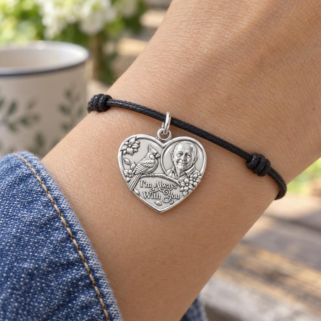 Cardinal Portrait Heart Charm Bracelet – Personalized Memorial Gift – worn on the wrist on a black cord bracelet
