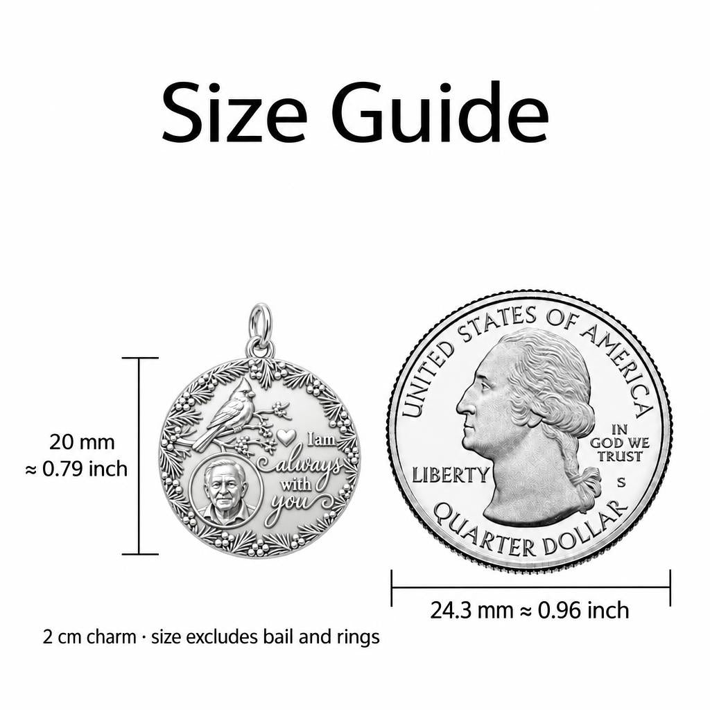 Cardinal Remembrance Portrait Charm Bracelet Set – size guide, 13 mm charm next to a quarter