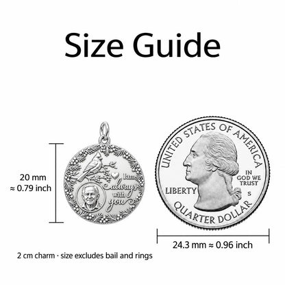 Cardinal Remembrance Portrait Charm Necklace Set – size guide, 13 mm charm next to a quarter