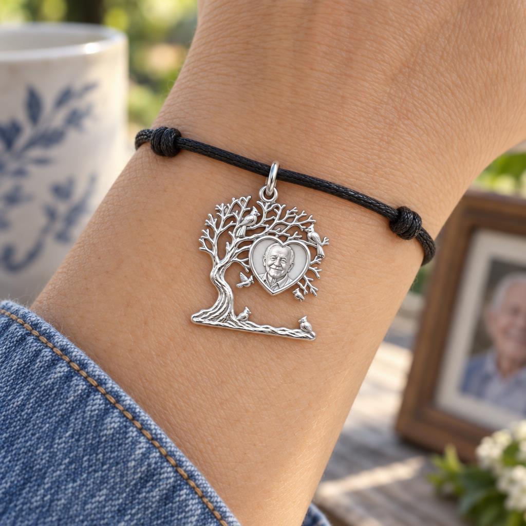Cardinal Tree of Life Charm Bracelet – Personalized Memorial Gift – worn on the wrist on a black cord bracelet