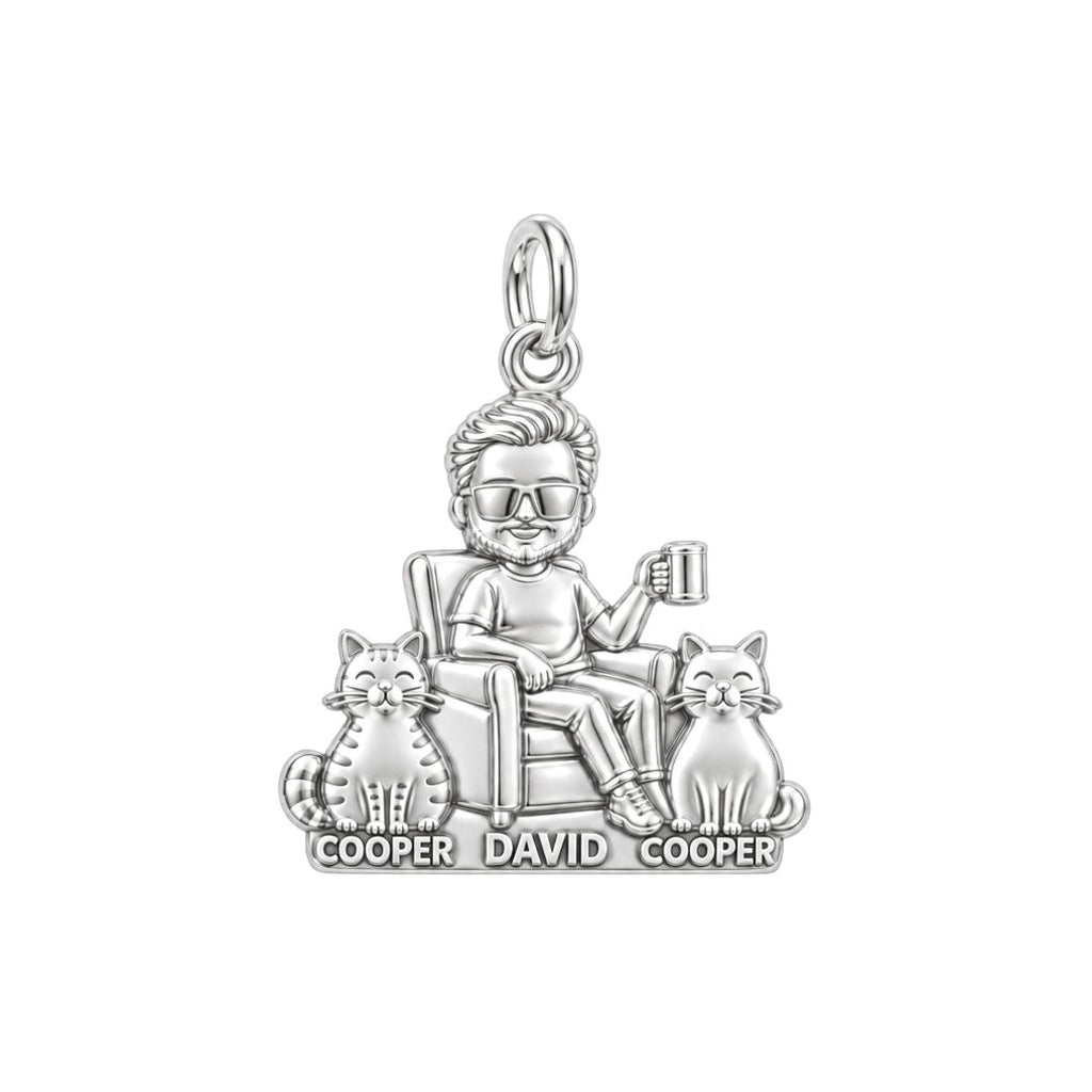 Cat Dad Armchair Ritual Charm Bracelet – Personalized Dad Gift – silver plated 3 cm charm, front view