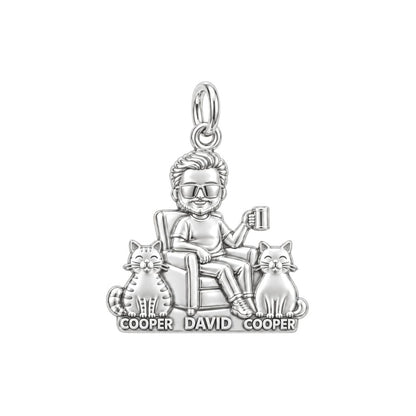 Cat Dad Armchair Ritual Charm Bracelet – Personalized Dad Gift – silver plated 3 cm charm, front view