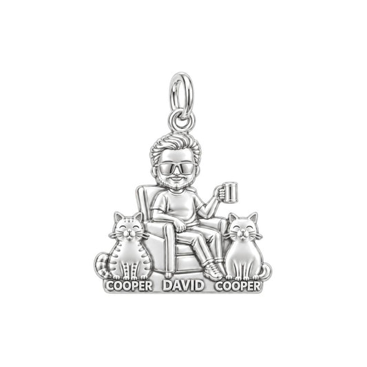 Cat Dad Armchair Ritual Charm Bracelet – Personalized Dad Gift – silver plated 3 cm charm, front view