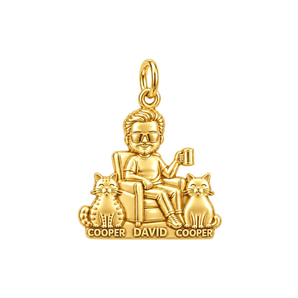 Cat Dad Armchair Ritual Charm Bracelet – Personalized Dad Gift – 18K gold plated 3 cm charm, front view