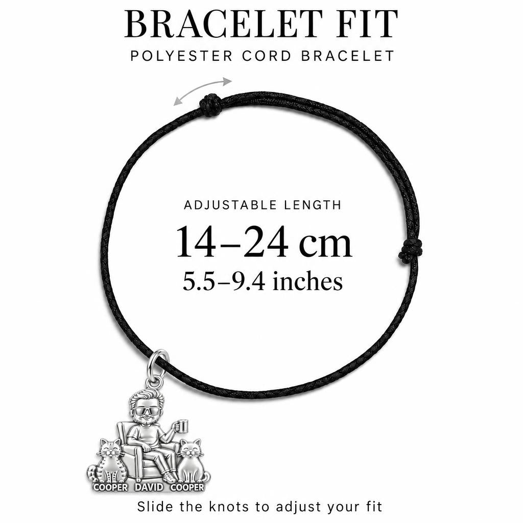 Cat Dad Armchair Ritual Charm Bracelet – Personalized Dad Gift – adjustable black cord bracelet, 14–24 cm