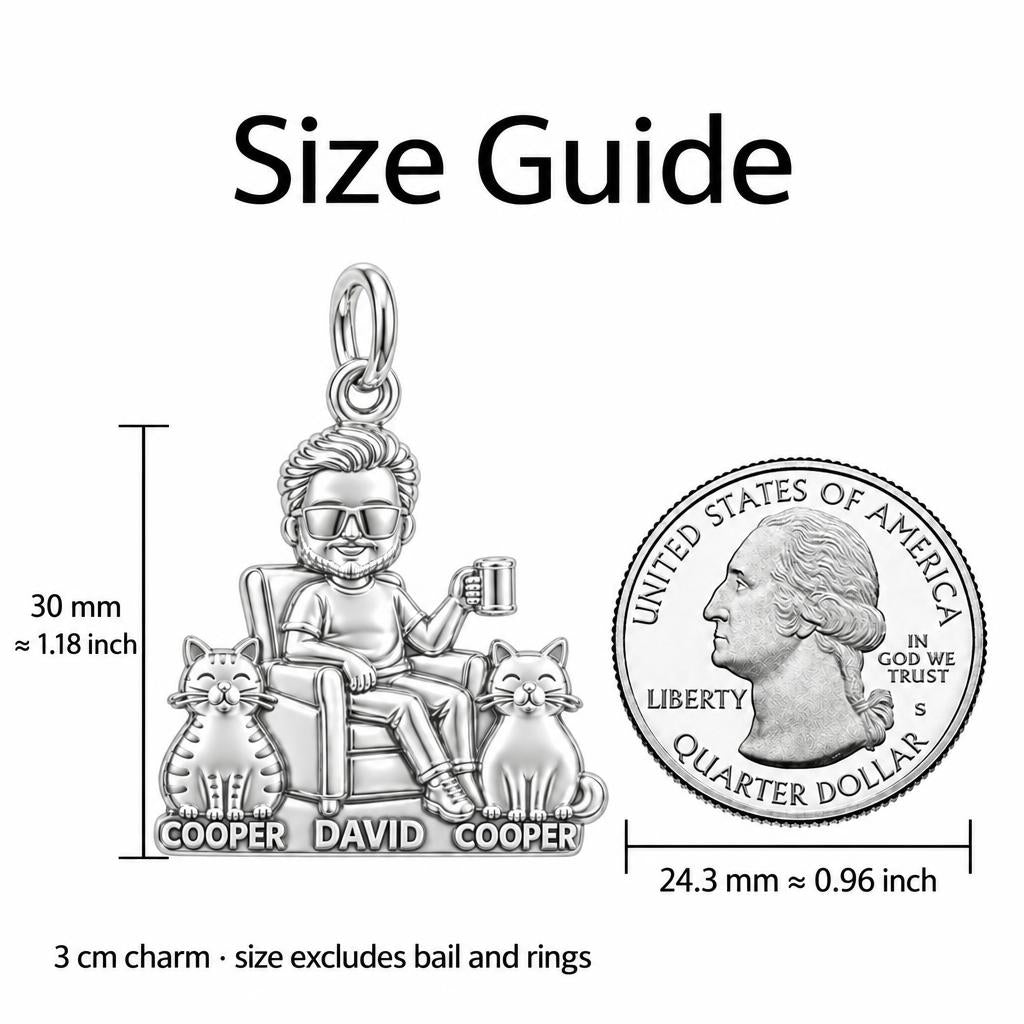 Cat Dad Armchair Ritual Charm Bracelet – Personalized Dad Gift – size guide, 3 cm charm next to a quarter
